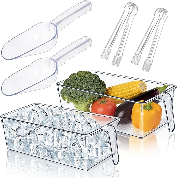Clear Ice Bucket for Freezer, Ice Cube Storage Bin with Flexible Handle, and Ice Holder for Freezer, Scoop & Tongs Set, Fridge Container, Home Bar Organization