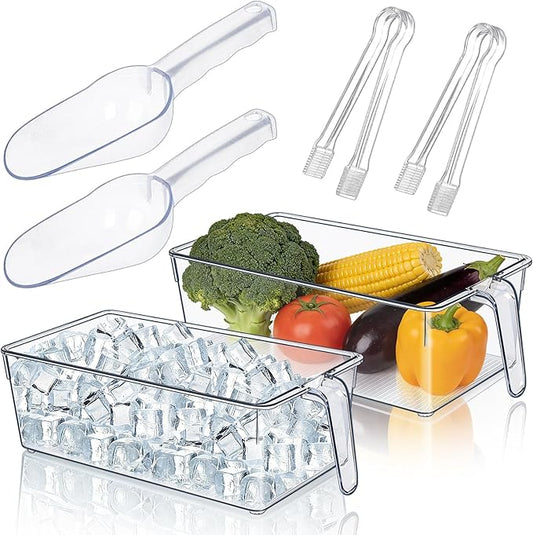 Clear Ice Bucket for Freezer, Ice Cube Storage Bin with Flexible Handle, and Ice Holder for Freezer, Scoop & Tongs Set, Fridge Container, Home Bar Organization