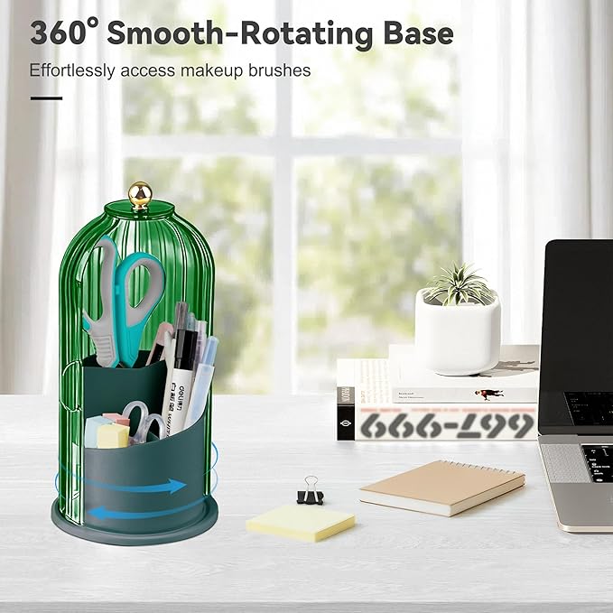 360° Rotating Makeup Brush Holder with Lid, Green
