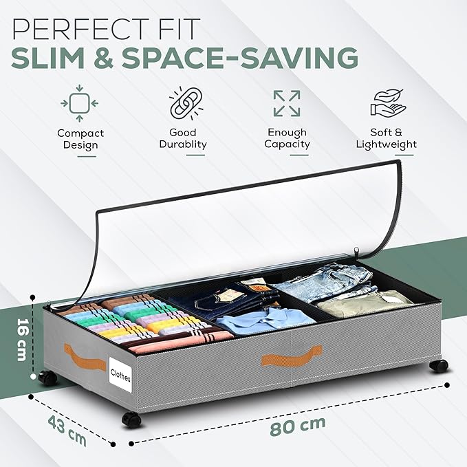 Under Bed Storage with Wheels, 2 Pack (36L Each)| Low Profile Storage Organizer with Clear Window, Double Zipper & 360° Locking Wheels – Rolling Metal Drawer for Clothes, Shoes, & More (Gray)