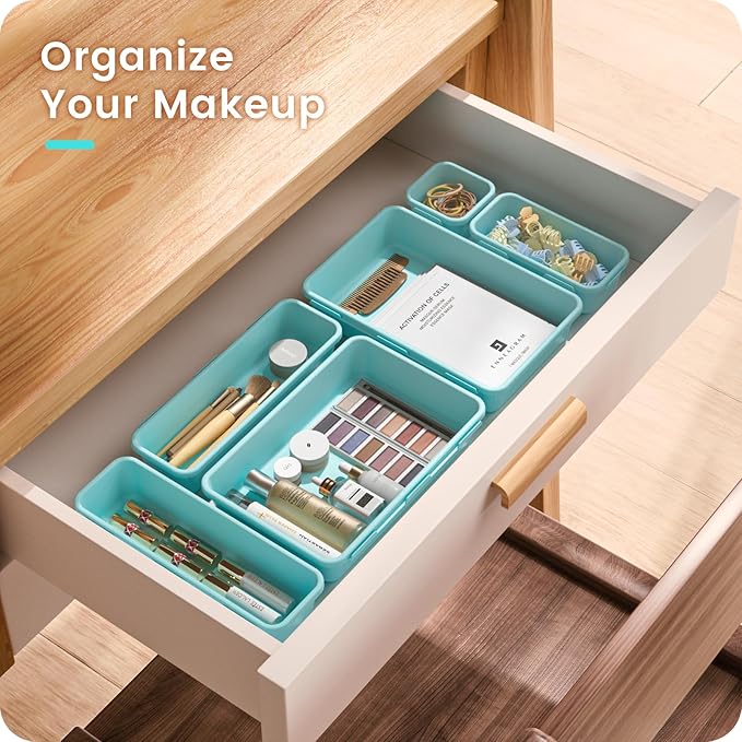 【Military Grade】A-LuGei Drawer Organizer, 【𝟱𝗦𝗶𝘇𝗲】 Makeup organizer, 【Holds 177 Items】 Bathroom Organizers and Storage, Organization and Storage, Desk Drawer Organizer for Vanity (Blue)