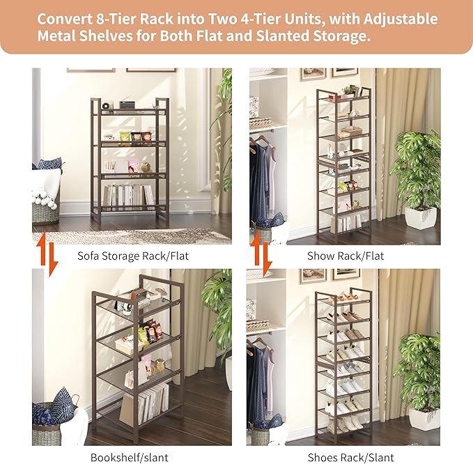 Tall Narrow Shoe Rack, 8 Tier Stackable Shoe Stand for 16-20 Pairs, Heavy Duty Shoe Organizer for Small Space Closet Bedroom, Bronze