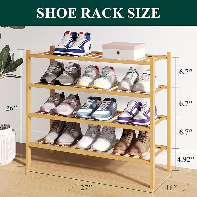 Smiry Bamboo Shoe Rack for Closet, 4 Tier Wooden Shoe Organizer, Stackable Wood Shoe Storage Shelf for Entryway, 14 Vertical Slats, 2+2 Stack Heavy-Duty Legs, 26.77"x11.02"x25.98", Natural & White