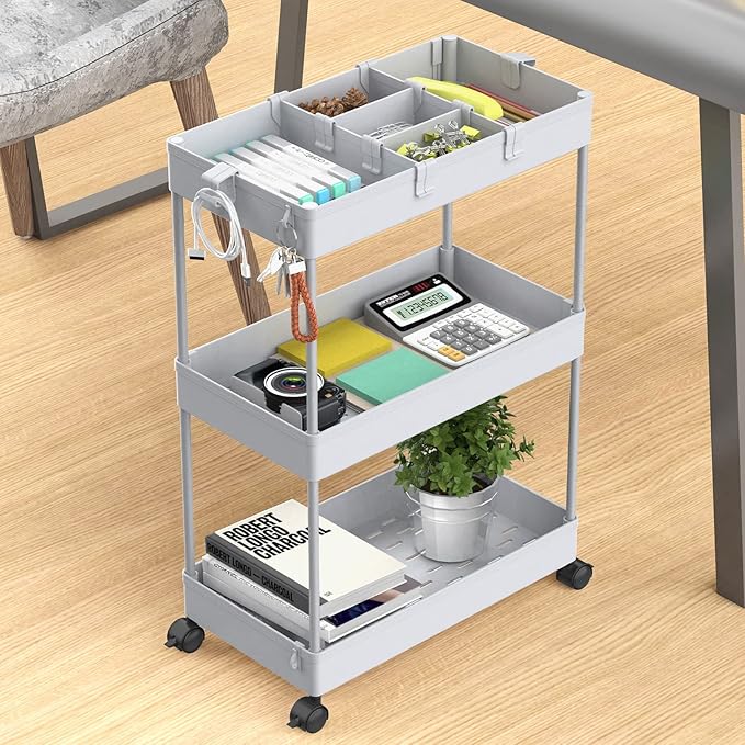 3 Tier Rolling Cart with Wheels, Gray