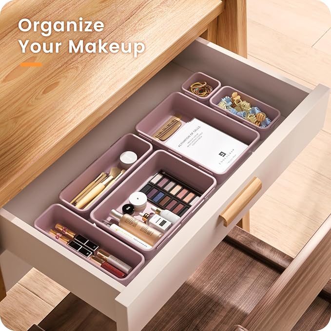 A-LuGei 【Military Grade】 Drawer Organizer, 【𝟱𝗦𝗶𝘇𝗲】 Makeup organizer, 【Holds 177 Items】 Bathroom Organizers and Storage, Organization and Storage, Desk Drawer Organizer for Vanity (Lilac)