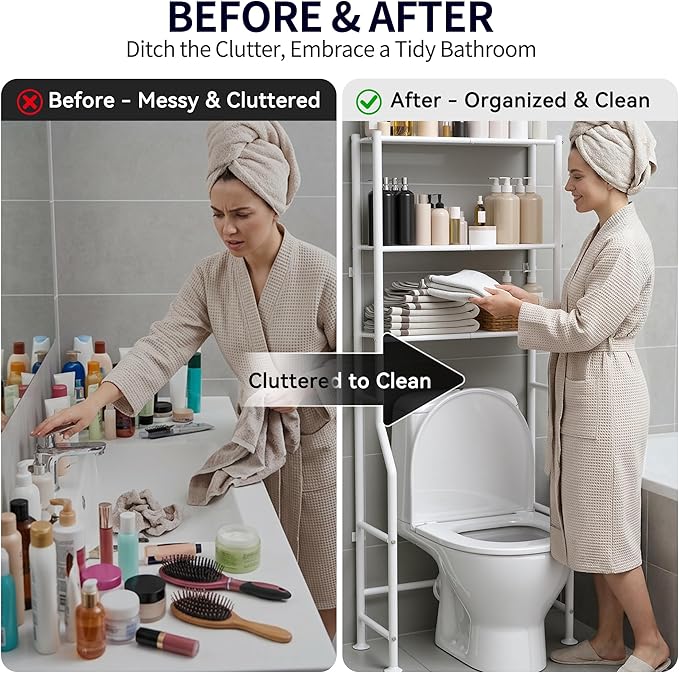 3-Tier Over The Toilet Storage, Freestanding Metal Bathroom Shelves, Space Saver Above The Over Toilet Storage Shelf for Bathroom (White)