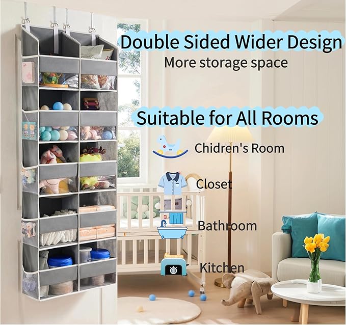 Over the Door Organizer 5 Tiers, Extra Large Behind Door Storage of 10 Compartments, Anti Tilt Hanging Organizer for Closet, Diaper Organizer, Bedroom, Bathroom, Pantry, Nursery, (Grey)