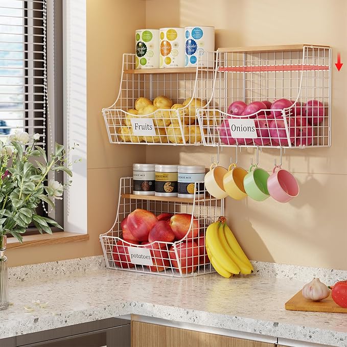 3 Pack Hanging Fruit Basket for Kitchen with Wood Lid - Onion and Potato Storage Fruit Bowl with Nameplate for Counter&Wall Mounted, Stackable Storage Basket,11.81 * 8.66 * 10.63inch