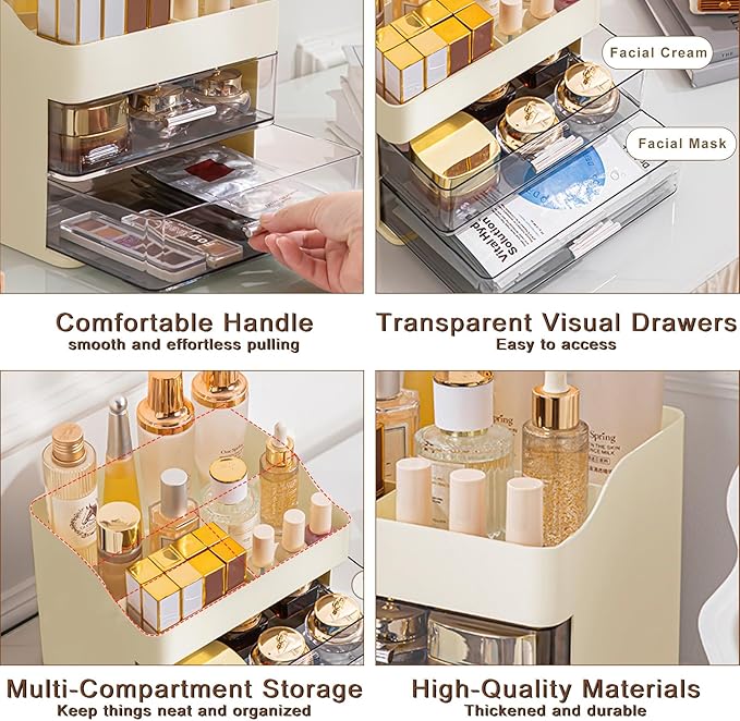 DASITON Makeup Organizer with 2 Drawers, Large Capacity Makeup Cosmetic Organizers for Vanity Dresser Bathroom Countertop, Vanity Organizer Makeup Storage Box for Skincare, Eyeshadow, Lotions (Cream)
