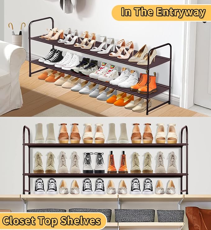 SLEEPING LAMB 2-Tier Shoe Rack for Closet, Long Stackable Wide Shoe Organizer Holds 18-Pairs Low Shoe Shelf Storage for Bedroom, Floor, Entryway (Bronze)
