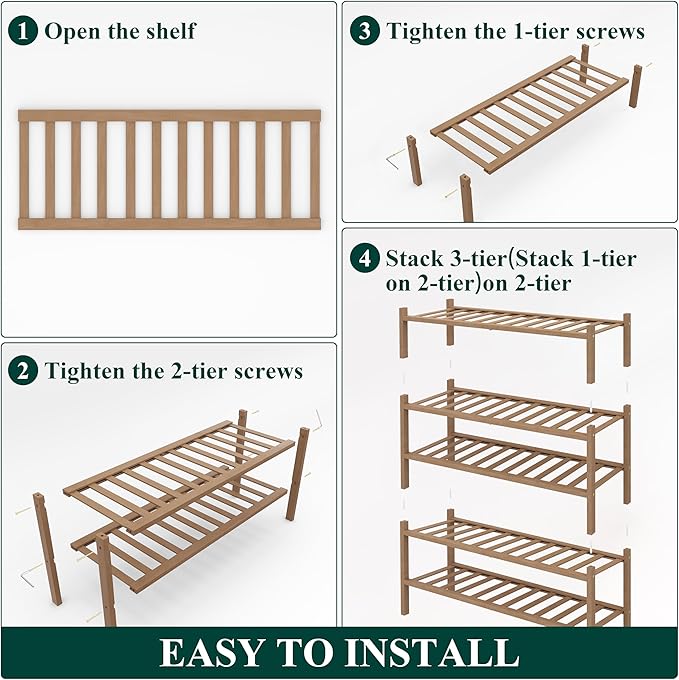 Smiry Bamboo Shoe Rack, 5 Tier Free Standing Wooden Shoe Organizer, Stackable Wood Shoe Storage Shelf for Closet, Entryway, 14 Vertical Slats, 2+2+1 Stack Heavy-Duty Legs, 26.8"x11"x32.5", Walnut
