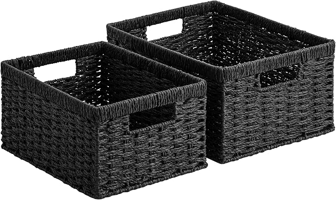 StorageWorks Wicker Storage Baskets for Organizing, Wicker Basket with Handles, Decorative Storage Baskets for Shelves, Black Paper Rope, 2 Pack