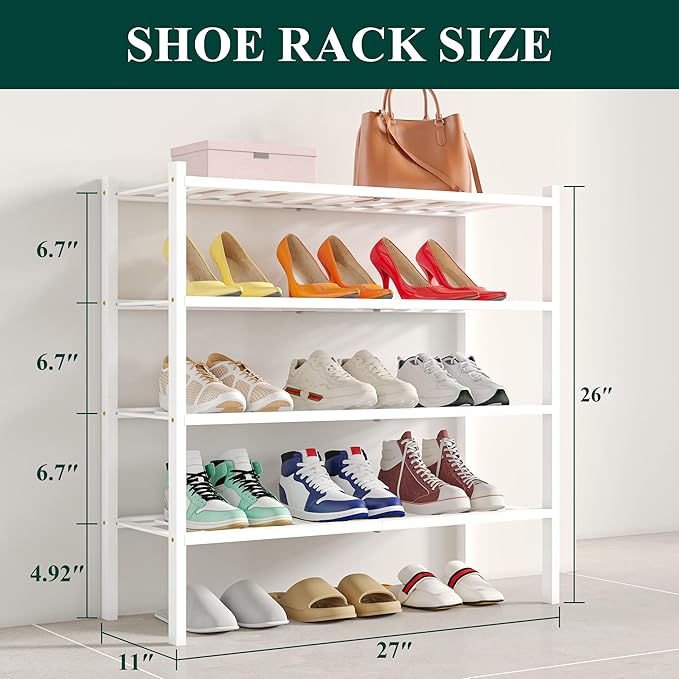 Smiry Bamboo Shoe Rack, 4 Tier Free Standing Wooden Shoe Organizer, Stackable Wood Shoe Storage Shelf for Closet, Entryway, 12 Vertical Slats, 2+2 Stack Standard Legs, 26.8"x11"x26", White