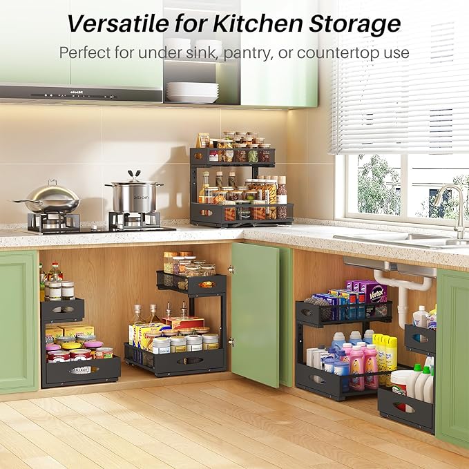 Under Sink Organizer, 1-Pack Pull Out Cabinet Organizer 2 Tier Metal Slide Out Storage Shelf Rack, L-Shaped Adjustable Height,Mesh Sliding Drawer for Kitchen, Bathroom, Laundry, Pantry, Black, XL