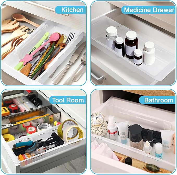 2 PCS Deep Drawer Organizer Bin Adjustable Sliding Drawer Organizers Clear