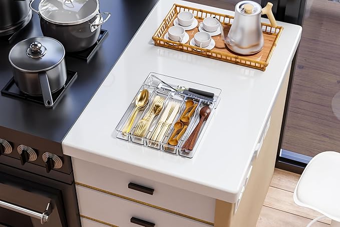 Clear Large Silverware Organizer 12 inch Wide for Kitchen Drawers