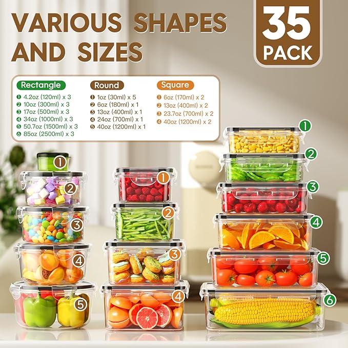 70 PCS Food Storage Containers with Lids Airtight (35 Containers & 35 Lids)