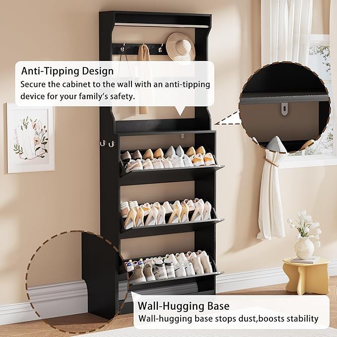 Shoe Storage Cabinet, Wood Shoe Organizer for Entryway with 3 Flip Drawers, Freestanding Shoe Rack with Adjustable Shelf, Narrow Shoe Dresser for Front Door Entrance(Black, 78.74" x 31.5" x 9.37")