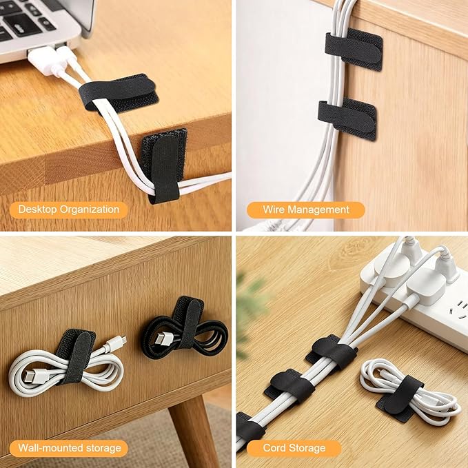 100pcs Hook and Loop Cable Straps,Under Desk Cable Management,Adjustable Cord Organizer for Desk Home Office Organization (Black)