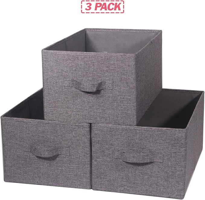 TENABORT Set of 3 Closet Organizer Bins with Handle, Fabric Foldable Storage Baskets Cloth Box Containers for Shelves Home Office Clothes Clothing