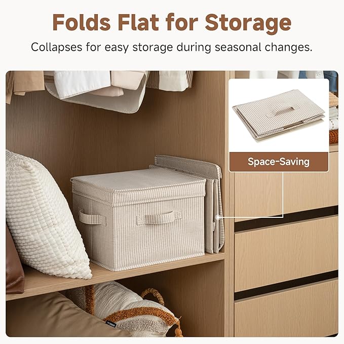 StorageWorks Fabric Storage Bins with Lid, Decorative Storage Boxes for Shelves, Stackable Closet Organizer Basket with Handles, Medium, Khaki and Beige Stripes, 2-Pack
