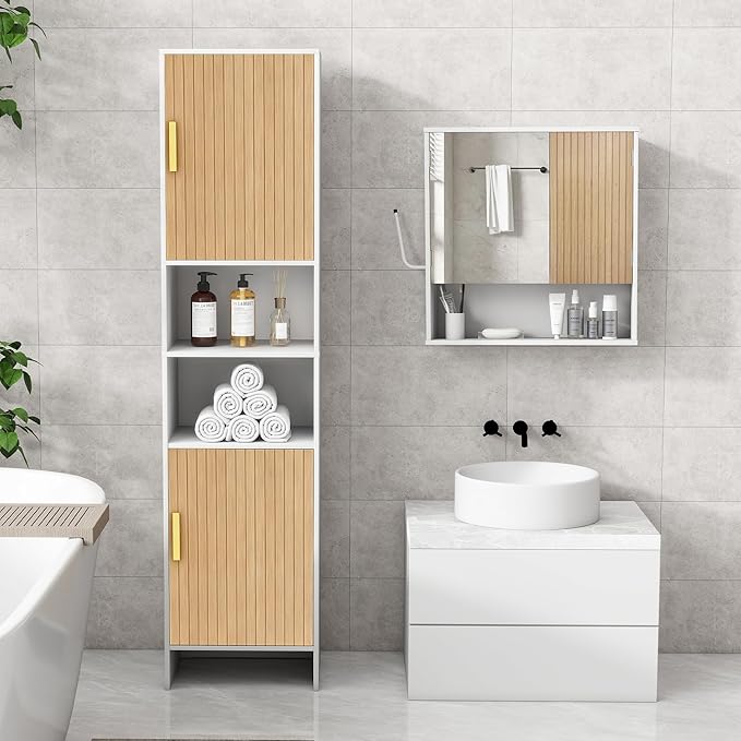 Tall Storage Cabinet, 13.15 Inch Narrow Bathroom Cabinet with USB Magnetic Light, Open Shelf, Magnetic Doors, 2 Adjustable Shelves, Anti-Tip Kit for Small Spaces, Living Room, White, 57.1" H