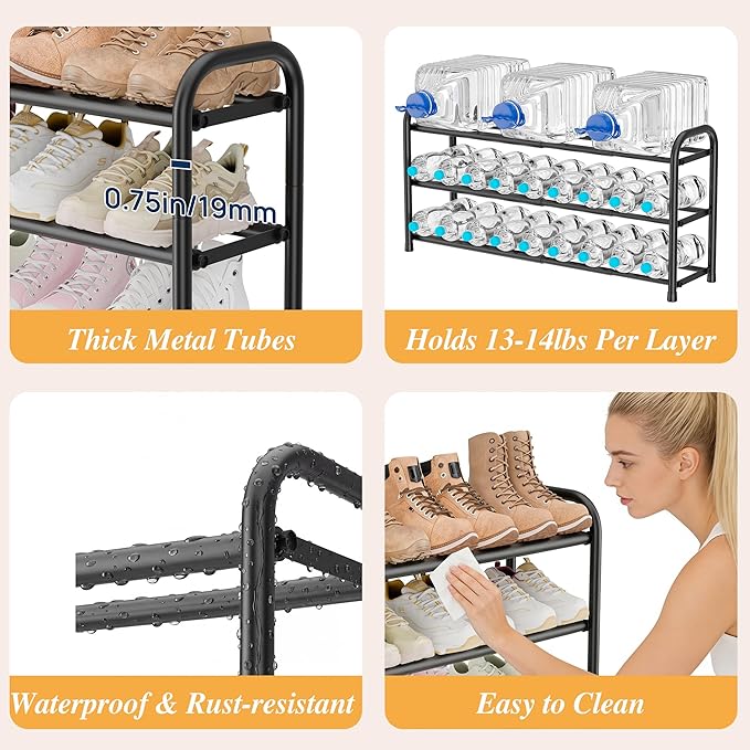 ENJOYBASICS 4 Tier Expandable Shoe Rack for Closet, Free Standing Metal Shoe Shelf Storage Organizer Holder 24 Pairs, Adjustable Width Shoe Rack for Entryway Small Space, Black