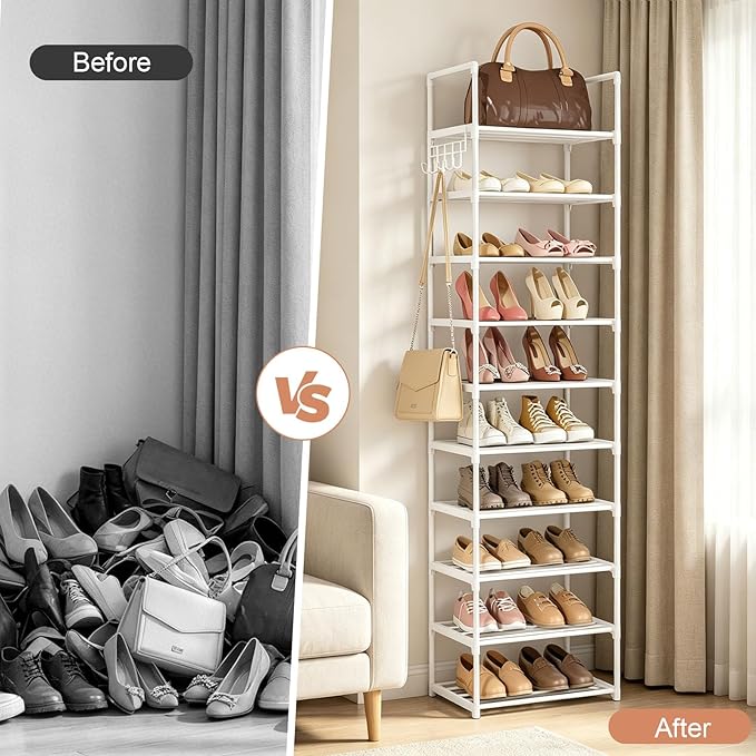 Metal Shoe Rack Organizer 10 Tiers, 20-24 Pairs Narrow Tall Shoe Racks for Closets Entryway - Vertical Boots Organizer Storage - Sturdy Shoe Shelf Cabinet White