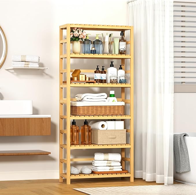 6-Tier Bamboo Shelf, Bamboo Storage Shelving Unit, Living