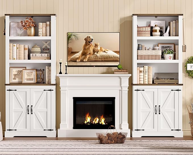 TEENFON 70.9in Tall Storage Cabinet with Adjustable Shelves, Kitchen Pantry Cabinet with 2 Barn Doors, 5 Tiers Farmhouse Bookcase for Living Room, Kitchen, Home Office, Bedroom, White