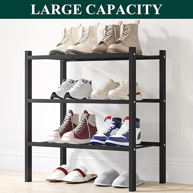 Smiry Small Bamboo Shoe Rack, 3 Tier Free Standing Wooden Shoe Organizer, Stackable Wood Shoe Storage Shelf for Closet, Entryway, 12 Vertical Slats, 2+1 Stack Standard Legs, 17.3"x11"x19.5", Black