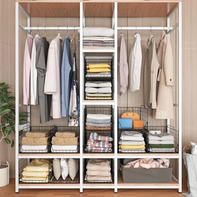 Jakyitvi Stackable Closet Organizers and Storage Bins 4 Pack, Sturdy Metal Clothes Storage Container for Clothes Pants Sweaters, Black Folded Drawer Shelf Organizer for Closet Wardrobe