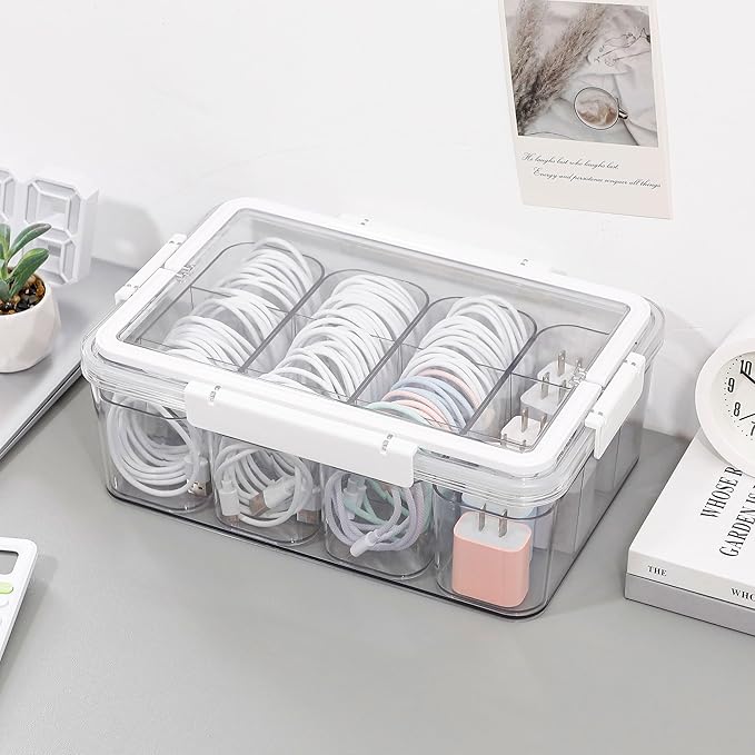 Large Cable Storage Box with Lid, Plastic Power Cords Organizer for Desk Drawer
