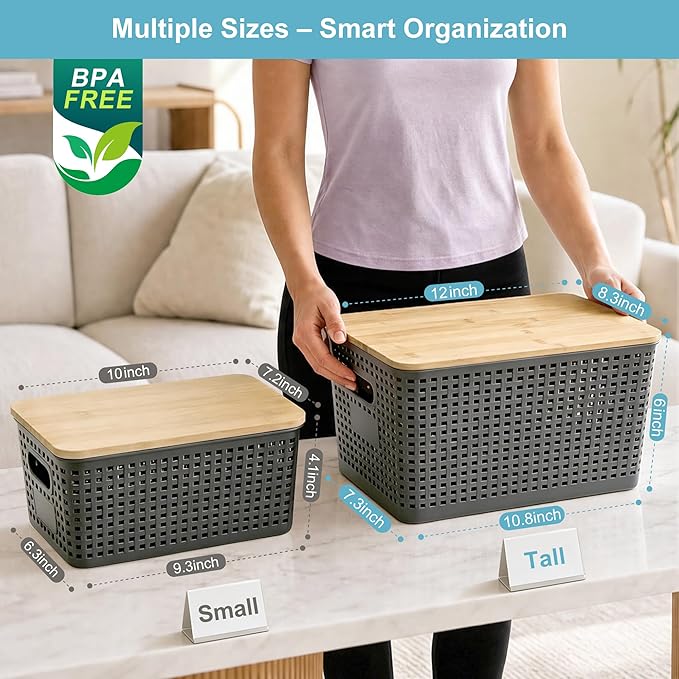 2 Pack Tall Plastic Storage Bins with Bamboo Lids, Gray