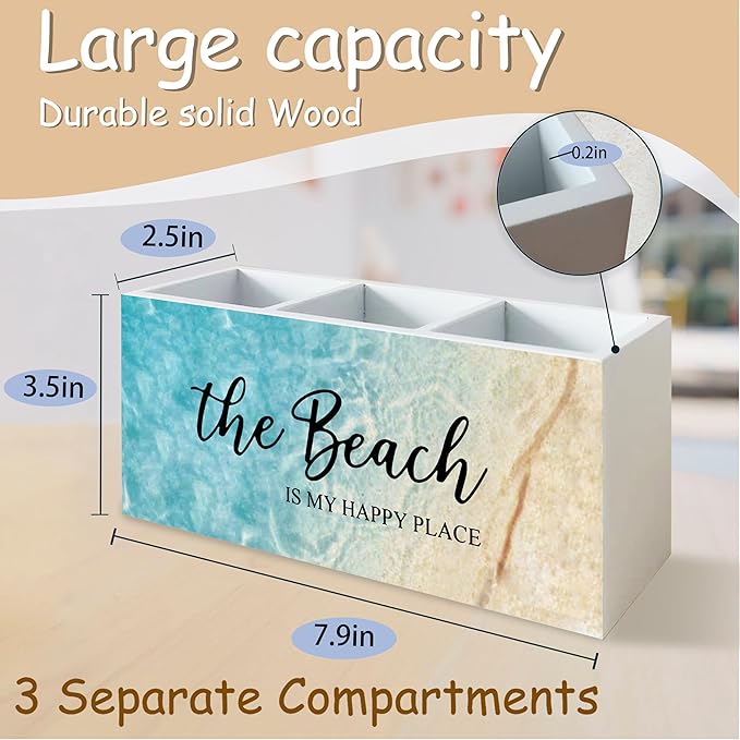Beach Gifts for Women Men, The Beach Is My Happy Place Pen Holder for Home Office Kitchen Desk Decor, Beach Wooden Pencil Holder Sign Organizer for Home Office Desk Accessories,