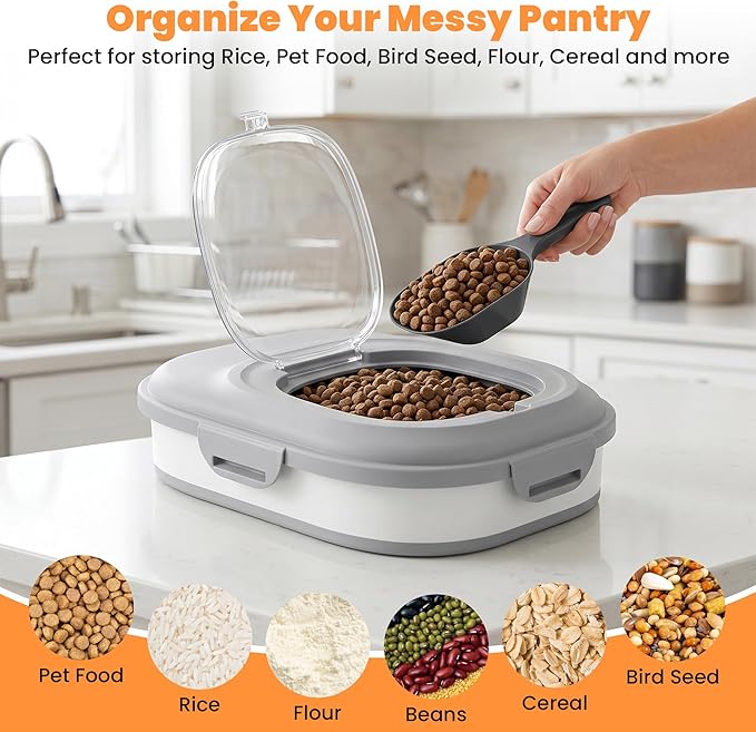 30 Lbs Dog Food Storage Container with Wheels, Collapsible Pet Food Storage Container with Clear Window, Measuring Cup & Scoop, BPA Free Cat Food Container for Rice, Flour, Grain, Bird Seed