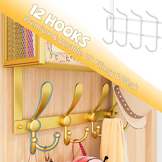 Kaiferty Over The Door Hooks Organizer, Coat Rack Over The Door Storage Hanger Towel Rack, Back of Door Storage Organizer for Bathroom,Bedroom,Kitchen,Office (Gold, 4-Tier)