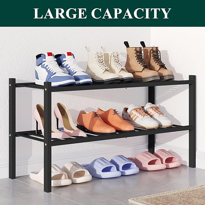 Smiry Bamboo Shoe Rack for Closet, 2 Tier Wooden Shoe Organizer, Stackable Wood Shoe Storage Shelf for Entryway, 14 Vertical Slats, One-piece Heavy-Duty Legs, 26.77"x11.02"x12.99", Black
