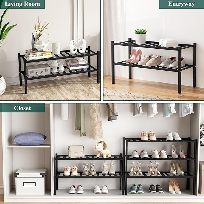 Smiry Bamboo Shoe Rack, 2 Tier Free Standing Wooden Shoe Organizer, Stackable Wood Shoe Storage Shelf for Closet, Entryway, 12 Vertical Slats, One-piece Standard Legs, 26.8"x11"x13", Black