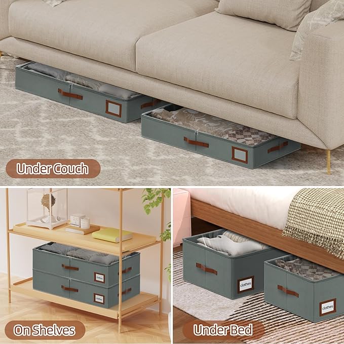 6 Inch Under Bed Storage Containers, 2 Pack Large Underbed Storage Bins w/Clear Lid & Sturdy Sidewall, Foldable Closet Organizer for Dorms, Bedroom, Clothes, Shoes, Bed Sheets, Blankets (Grey)