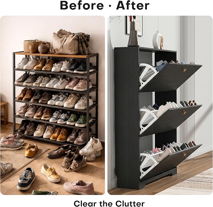 Nicetree Shoe Cabinet with 3 Flip Drawers, Narrow Shoe Organizer Cabinet, Freestanding Shoe Rack Cabinet, Modern Shoe Storage Cabinet for Entryway, Hallway, Foyer, Black with Hook