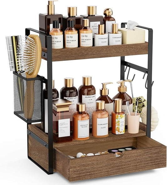 2-Tier Bathroom Counter Organizer with Drawer Basket and Hooks