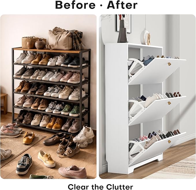 Nicetree Shoe Cabinet with 3 Flip Drawers, Narrow Shoe Organizer Cabinet, Freestanding Shoe Rack Cabinet, Modern Shoe Storage Cabinet for Entryway, Hallway, Foyer, White with Hook