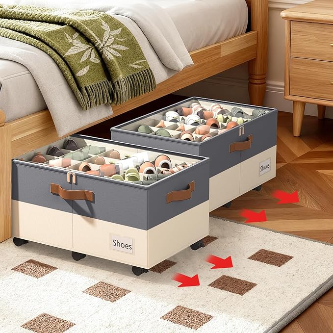Shoe Organizer for Closet, 2 Pack Shoe Storage Organizer with Wheels and Adjustable Dividers, Shoe Storage Box with Clear Cover, Foldable Closet Shoe Organizer Fits up to 24-48 Pairs, Gray and Beige