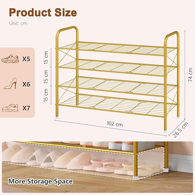 Hoctieon 4 Tier Mesh Style Shoe Rack, Entryway Shoe Shelf, Shoe Storage Organizer, Shoe Rack for Closet, Space Save for Bathroom, Garage, Hallway, Bedroom, Living Room, Gold