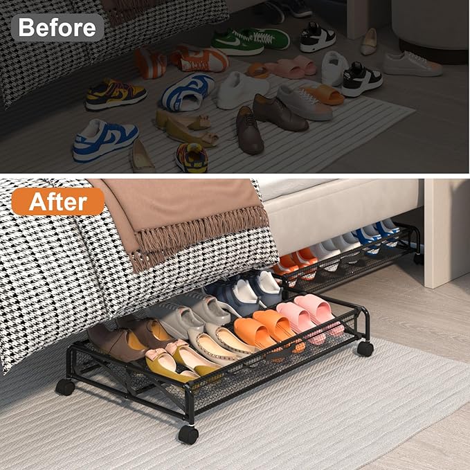 Under Bed Shoes Storage, 2 Pack Rolling Under-bed Storage Containers with Wheels, Under Bed Shoe Organizer Breathable Mesh Fabric with Metal Frame