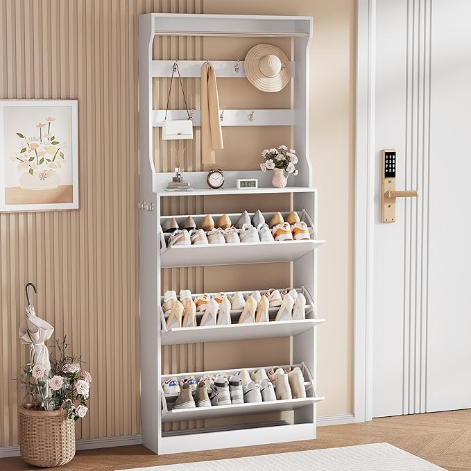 Shoe Cabinet for Entryway, White, 31.5 * 9.37 * 78.74 Inch, 3 Flip Drawers, 3 Shelves, Modern Style
