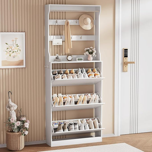 Shoe Cabinet for Entryway, White, 31.5 * 9.37 * 78.74 Inch, 3 Flip Drawers