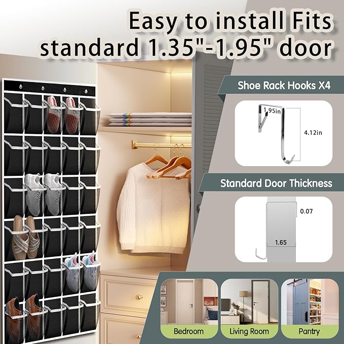 Kotkn Over the Door Shoe Organizer with 30 Breathable Mesh Pockets - Large Capacity Closet Storage for Men & Women, Hanging Shoe Rack Organizer (Black, 30-Pocket)