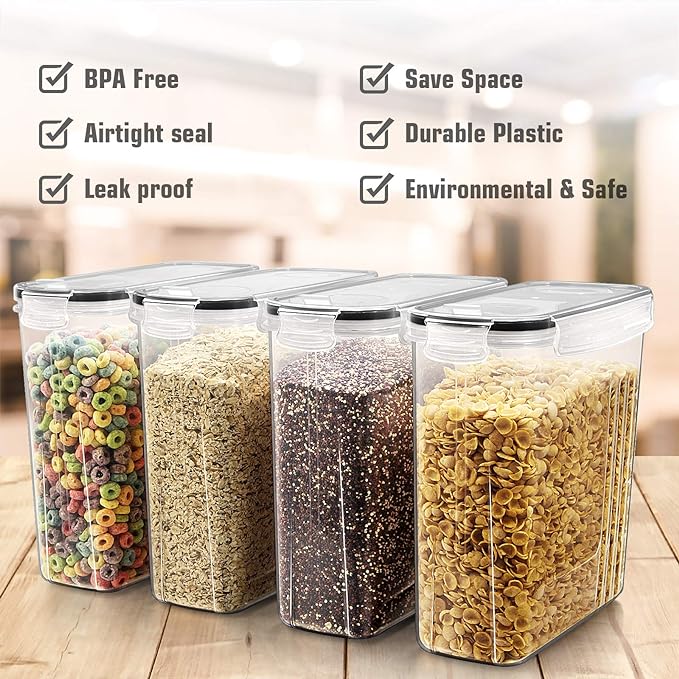 Wildone Cereal Storage Containers Set, Large BPA Free Plastic Airtight Food Storage Containers 4L for Flour, Sugar, 6 Piece Set Cereal Dispensers with 20 Labels & Marker, Black
